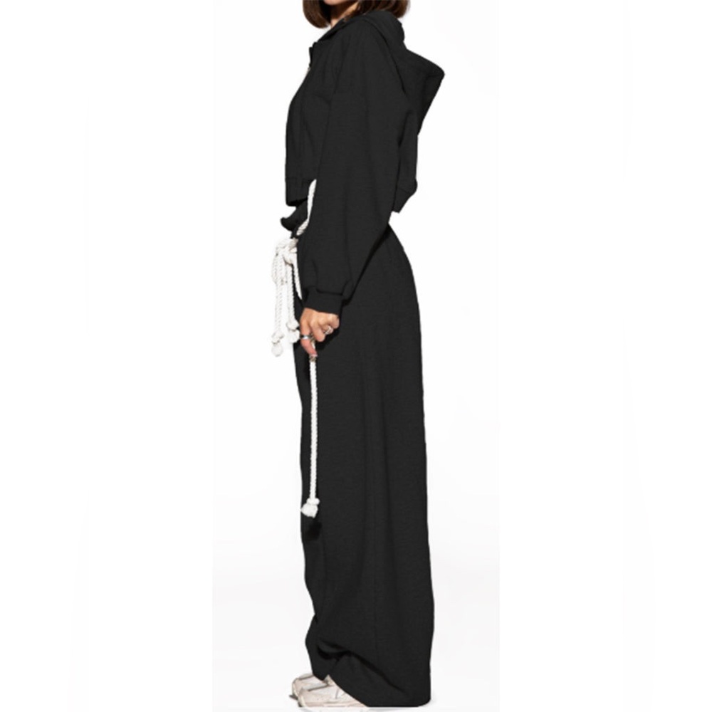 Black~Rope Detail Cropped Hoodie & Wide-Leg Sweatpant Set - Picture 2 of 8